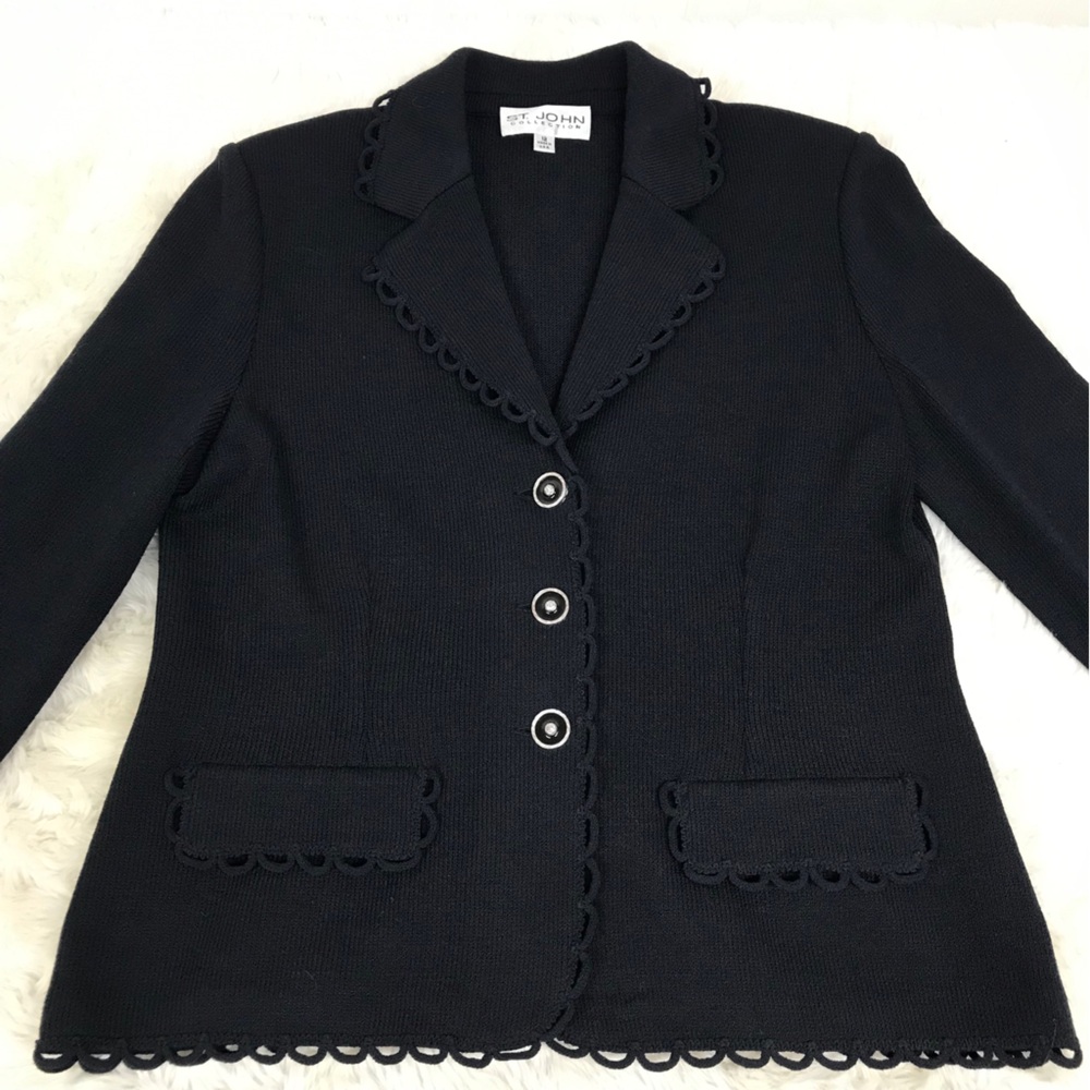 ST JOHN Collection Black Santana Knit Blazer‎ Jacket Button Front Size 12
